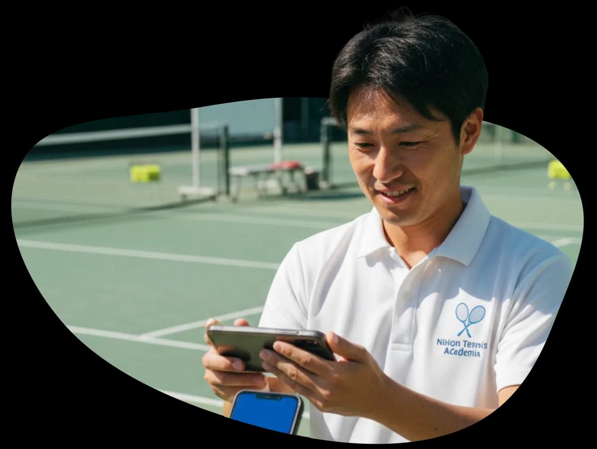 テニススクールのスタッフがcoupoでクーポンを確認する様子