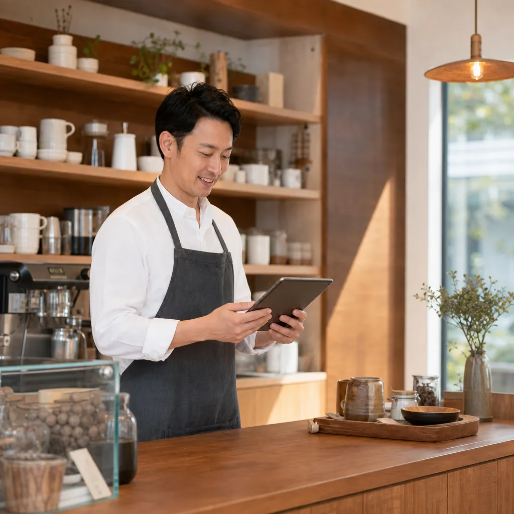 店主がタブレットでクーポンを作るシーン