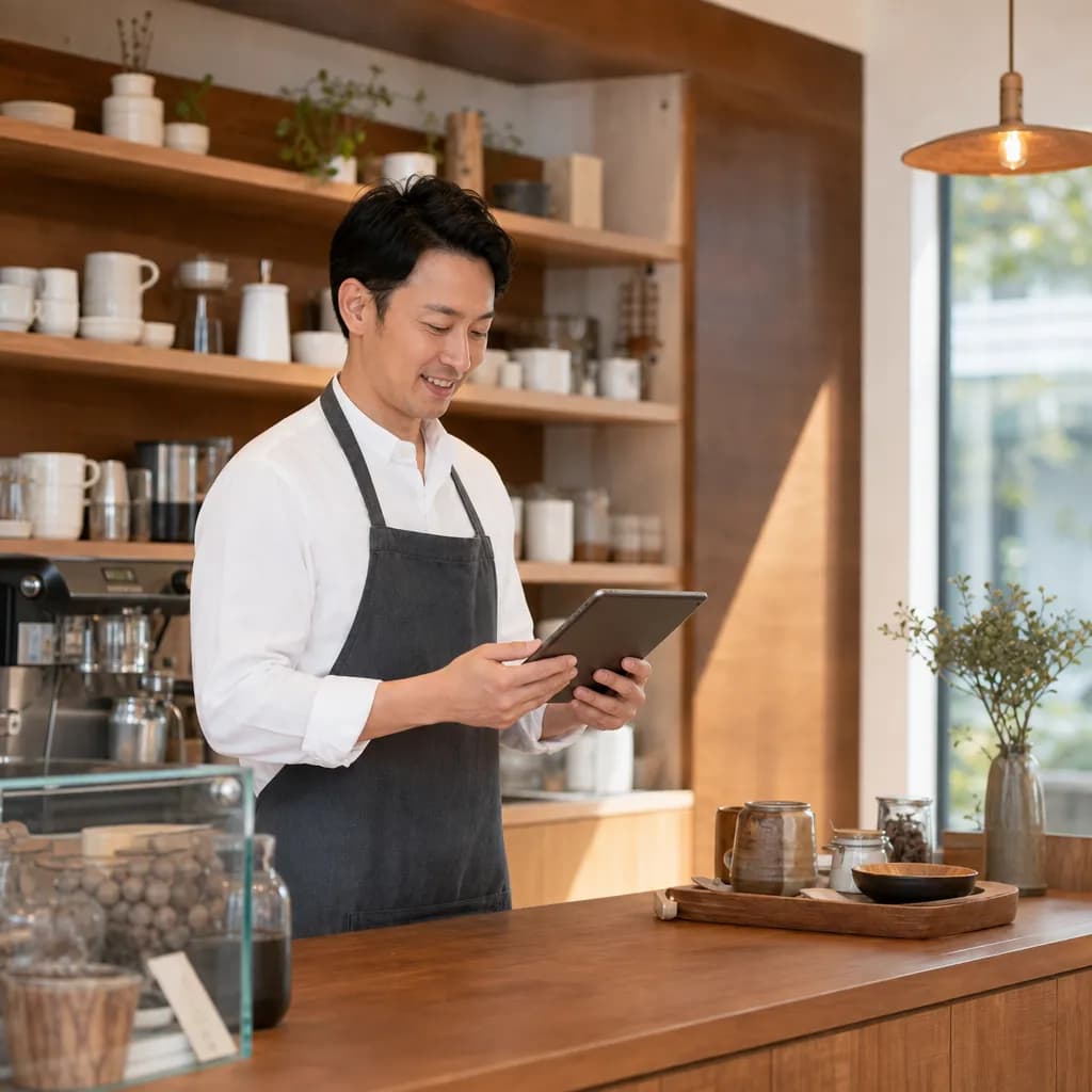店主がタブレットでクーポンを作るシーン