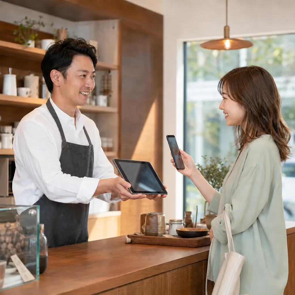 店主がタブレットを見せ、お客様が自分のスマホで読み取るシーン