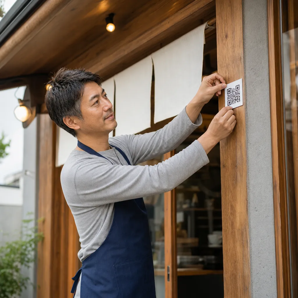 店主が店頭にQRのPOPを貼るシーン